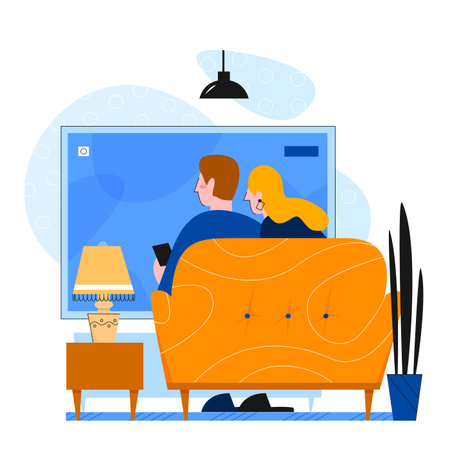 Family tv flat vector illustration. Couple on sofa and watch television. Living room interior. Movie night. Weekend leisure time. Domestic comfort. People cartoon characters time togetherのイラスト素材