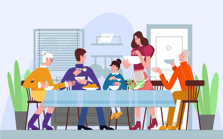 Family dinner, traditional meal vector illustrationfamily dinnerのイラスト素材