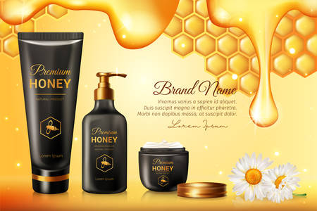Honey skincare serum organic product ads with honeycombs with golden sample text. Intensive anti age skin care cosmetic moisturizer, natural beauty advertising banner templateのイラスト素材