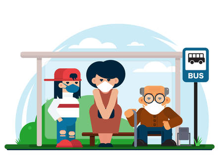 People wearing masks at bus stop isolatedのイラスト素材
