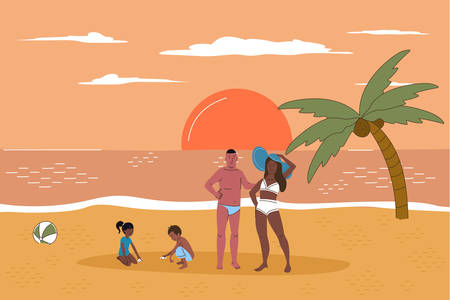 Multiracial family on beach at sunset flat line character vector illustration concept. Happy tanned people relax, parents stand together, children play in sand. Coconut palm, calm sea, light cloudsのイラスト素材