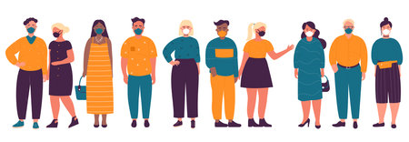 Overweight multiracial people in masks set isolated.のイラスト素材