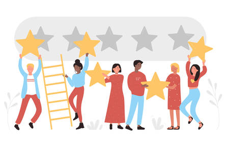 People holding golden stars over heads. Comments rate service, leave feedback consumer, five points score positive customer review evaluation and user experience satisfaction flat vector illustrationのイラスト素材