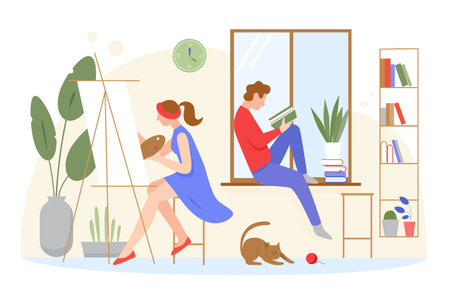 Loving family stay at home character flat concept vector illustration. Lovely interior with plants, bookshelves. Wife draws picture, husband reads book at window, kitten plays with yarn on floorのイラスト素材