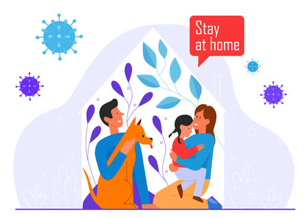 Stay at home, slogan for coronavirus quarantine character flat vector illustration concept. Father, mother, kid and dog sit in safe space at home, covid outside cant go inside. Self isolation familyのイラスト素材