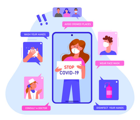 Prevention coronavirus disease infographics flat concept vector illustration. Warning information to prevent covid 19 infection. Wash hands, avoid crowd, wear mask, disinfect hands, consult doctorのイラスト素材
