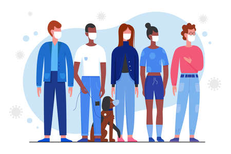 Crowd of young people in medical masks character flat vector illustration. Man, woman and dog stand together, use respirator to protect breath from covid 19 virus in air. Poster, banner, webのイラスト素材