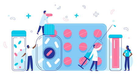Medicine pharmacy store, healthcare industry concept flat vector illustration. Doctors pharmacists people with medical drugs, vitamin pills capsules. Online pharmacy drugstore, medicine prescriptionのイラスト素材