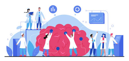 Brain health, mental investigation character flat vector illustration, medicine abstract concept. Doctors diagnose brain in laboratory. Psychologists, psychiatrists consulting, healthcare treatmentのイラスト素材