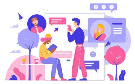People chatting by gadgets in social network flat vector illustration. Online communication, business chat bubbles, love messenger, profile page, social media and digital marketing conceptのイラスト素材