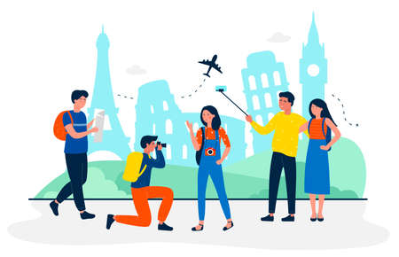 Tourists are at sightseeing flat travel concept vector illustration. People making photo and selfie for memory. Travel agency, leisure industry, airlines, individual and group toursのイラスト素材