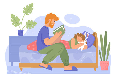 Father with daughter family time vector illustration. Cartoon dad character reading bedtime fairytale story book to little baby girl in bed for good night sleep. Flat happy family fatherhood conceptのイラスト素材
