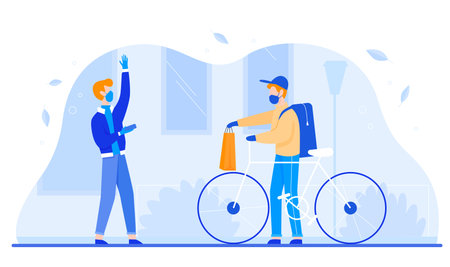 Young man woman gets food parcel from courier in masks and gloves on street near home. Safe delivery courier service during a Coronavirus COVID-19 novel concept flat vector illustrationのイラスト素材