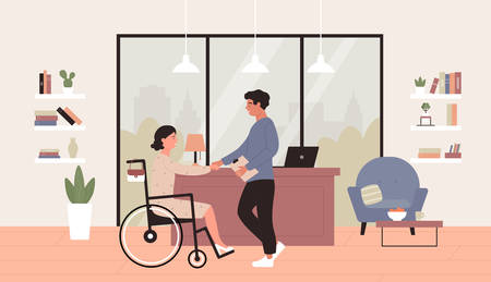 Disability employment vector illustration. Cartoon flat happy young woman in wheelchair shaking hand with business partner or boss in office, job accessibility for disabled person concept backgroundのイラスト素材