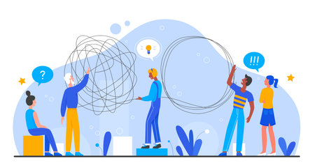 Solution business problem vector illustration. Cartoon flat employee people team brainstorming...