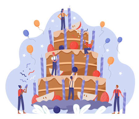 People team decorate birthday cake vector illustration. Cartoon tiny flat characters working together on decoration big birthdate gift cake with cream, candles, berry and fruit decor isolated on whiteのイラスト素材