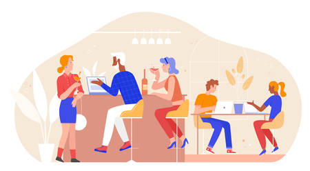 People in bar vector illustration. Cartoon flat adult man woman friend group characters meet in bar or restaurant interior for conversation, drink wine, work on laptop together in friendly meetingのイラスト素材