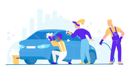 People wash car vector illustration. Cartoon flat woman man washer characters cleaning dirty automobile, washing auto with sponge and soap bubble. Carwash business service station isolated on whiteのイラスト素材