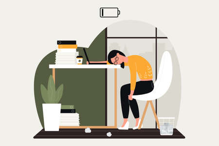 Work problem vector illustration. Cartoon sad woman character working hard in crisis, upset by problematical business task, businesswoman sitting at table, frustrated in emotional overwork burnoutのイラスト素材
