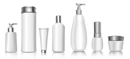 Realistic 3d vector cosmetic package blank templates mockup of soft white plastic containers. Cream, lotion, shampoo, gel, balsam, shampoo, dispenser, conditioner spray 3d Vector Illustration setのイラスト素材