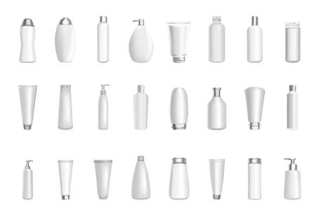 Realistic 3d vector cosmetic Product bottle pack package blank templates mockup of soft white plastic cosmetics containers. Spray bottles, cream, soups, foams, shampoo, dispenser setのイラスト素材