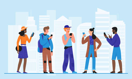 Crowd people with smartphones vector illustration. Cartoon flat man woman young characters standing in city street, holding mobile phone in hand, using cellphone in modern urban cityscape backgroundのイラスト素材