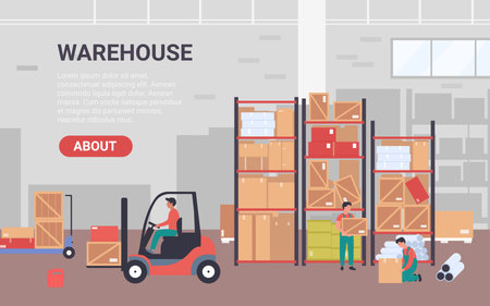People work in warehouse vector illustration. Cartoon flat banner for warehousing company with workers characters packing goods pipes into packages, loading boxes using forklift loader backgroundのイラスト素材