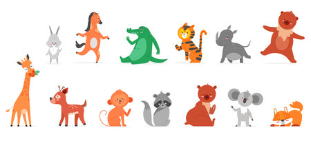 Cartoon animals flat vector illustrations. Funny wild zoo animal characters smiling and waving, cute...