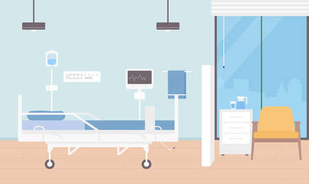 Hospital room interior vector illustration. Cartoon empty ward for patients hospitalization with modern medical equipment, doctors examining monitor, bed and chair. Healthcare medicine backgroundのイラスト素材