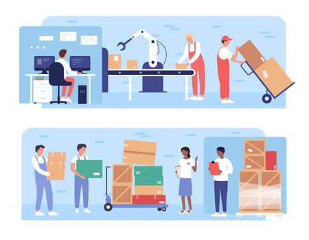 Warehouse packaging work vector illustrations. Cartoon flat worker people working on warehousing conveyor with robotic arm equipment, load boxes on pallets, stockroom loading process isolated on whiteのイラスト素材