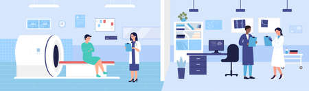 Mri scanner examination vector illustration. Cartoon flat medical scan hospital lab room with Mri machine, doctor characters exam patient, discuss diagnosis and treatment. Medicine research backgroundのイラスト素材