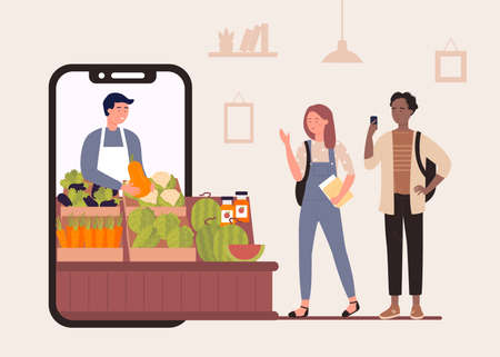 Buy food in online farm market shop vector illustration. Cartoon flat happy characters shopping, people buying organic vegetables and fruits, using smartphone app farmers store advertising backgroundのイラスト素材