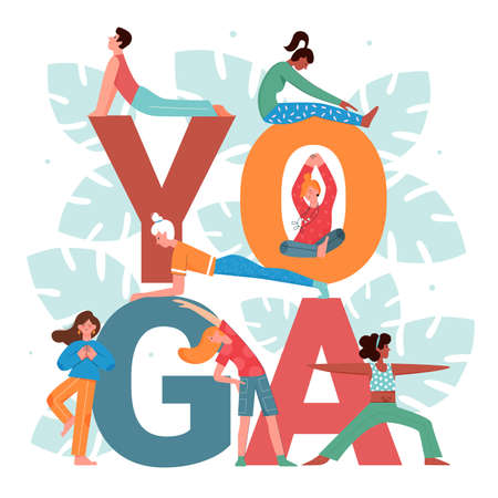 Yoga activity vector illustration set. Cartoon flat active people doing yogi asana pose practice, man woman characters stretching, meditating next to big yoga word and floral leaves isolated on whiteのイラスト素材