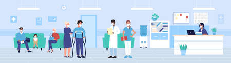 Hospital reception vector illustration. Cartoon flat people in protective masks waiting exam in hospital hall interior, disabled man patient on crutches standing next to doctors team backgroundのイラスト素材