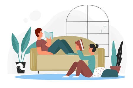 People read books at home vector illustration. Cartoon flat couple booklovers reading books from library or bookstore, sitting on floor and lying on sofa in home living room interior isolated on whiteのイラスト素材