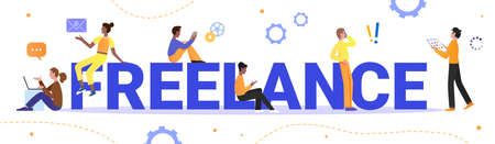 Freelancers people with freelance word vector illustration. Cartoon flat tiny man woman characters working online on laptop, tablet or phone from home office, remote work at distance isolated on whiteのイラスト素材
