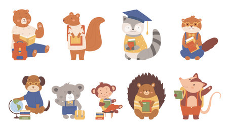 Animals read books vector illustration. Cartoon flat clever animalistic booklover characters collection with zoo or pet students or pupils reading and studying at school, schooling isolated on whiteのイラスト素材