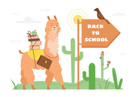 Back to school text motivation concept vector illustration. Cartoon flat cute happy llama or alpaca animal character with schoolbag and stack of books or textbooks going to study isolated on whiteのイラスト素材