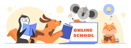 Animals study in online school classroom vector illustration. Cartoon flat penguin dog koala beaver...