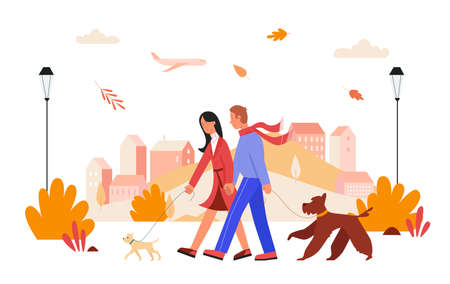 People walk in autumn city day vector illustration. Cartoon flat happy man woman lover couple characters holding hands, walking with pet dogs in autumn cityscape, love relationship isolated on whiteのイラスト素材