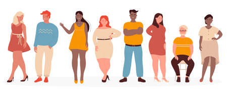 Overweight people vector illustration. Cartoon flat woman man model characters wearing casual clothes standing in row, plus size guy and girl smiling, cute body positive persons set isolated on whiteのイラスト素材