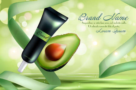 Avocado cosmetics vector illustration. Organic realistic product bottle with label for beauty face skin care and cut in half green avocado fruit, natural eco cosmetology design advertising backgroundのイラスト素材