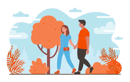 People on romantic date flat vector illustration. Cartoon happy young couple characters dating, walking together in autumn city park, lovers in pair holding hands, romance and love isolated on whiteのイラスト素材