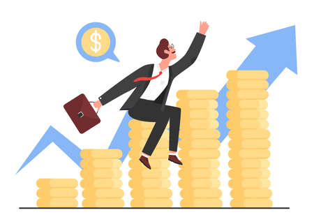 Business success, profit growth vector illustration. Cartoon flat businessman sitting on stacks of gold money coins next to zigzag arrow growing up, effective successful business isolated on whiteのイラスト素材
