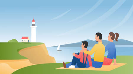 Family people enjoy nature landscape and lighthouse view vector illustration. Cartoon mother, father and child characters sitting on green grass sea shore, enjoying seascape with beacon backgroundのイラスト素材
