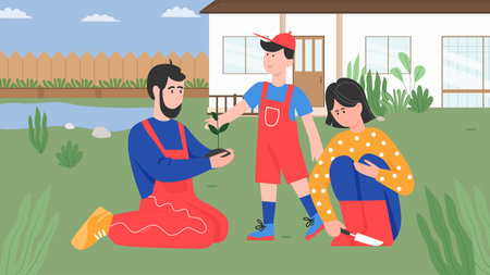 Family people planting vector illustration. Cartoon father, mother and child boy gardeners plant...