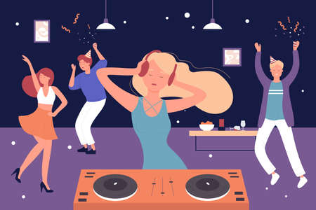 Home musical party vector illustration. Cartoon friends people listen to DJ music and dancing, man woman group of characters celebrate, have fun and happy dance in home room interior backgroundのイラスト素材