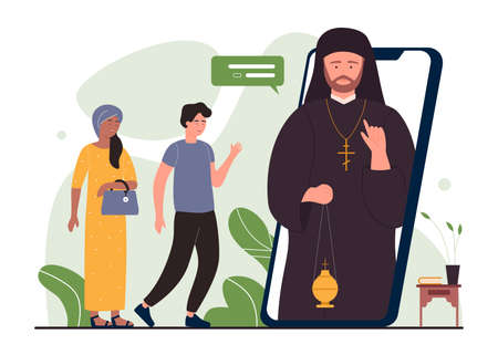 Pray online, church religion service vector illustration. Cartoon flat prayer people meeting with pastor online for praying, using digital religious worship teleconference technology isolated on whiteのイラスト素材