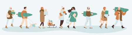 People with Christmas gifts vector illustration. Cartoon woman man characters carrying bags and...