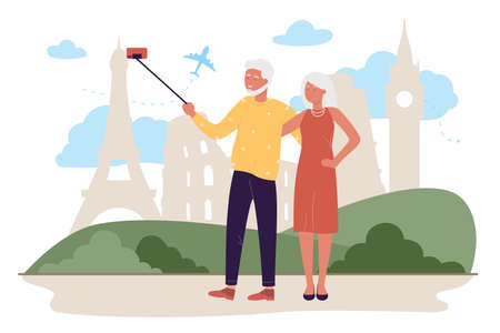 Travel senior couple vector illustration. Cartoon elderly family tourist characters traveling, happy active old travellers grandparents enjoying tour in Europe, tourism activity isolated on whiteのイラスト素材